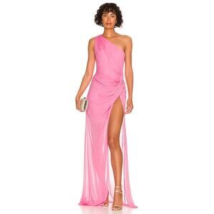 Sau Lee Helene One Shoulder Elegant Side Ruched Split Hem Pink Dress $450 size 6